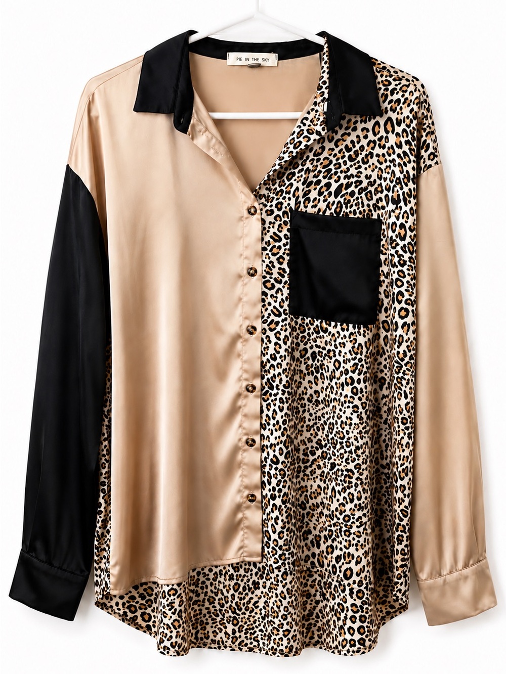Pie in the Sky Leopard Satin Button-Up Shirt with Black Accents